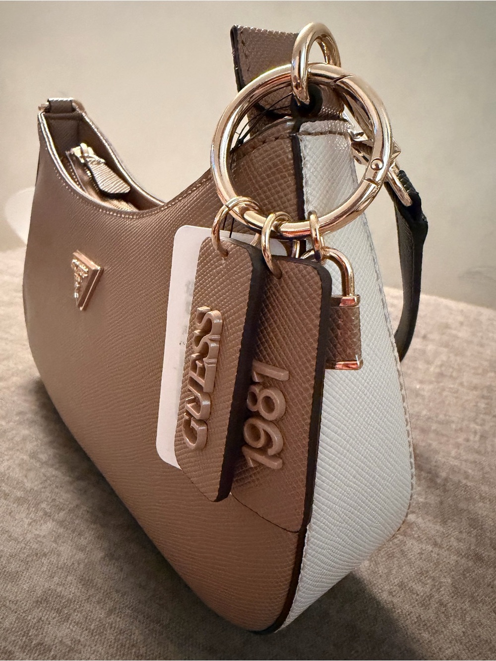 Guess Taupe and White Shoulder Bag with Gold Hardware